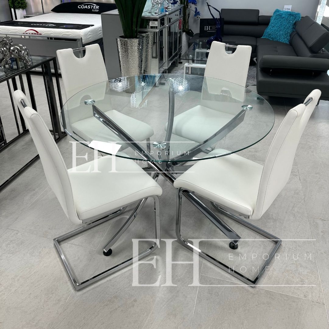 White Chrome Modern Piece Dining Table Set