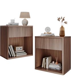 Night Stand Set of 2, Wood Nightstand Sets with Storage Drawer and Open Shelf, Fluted Bedroom Nighstands, Mid Century Bed Side Table, End Tables Livin