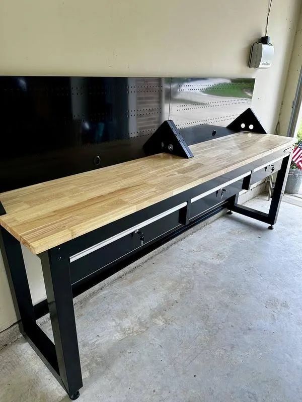 96 in. W x 20 in. 3-Drawer Black Workbench with Solid Wood Top and Pegboard