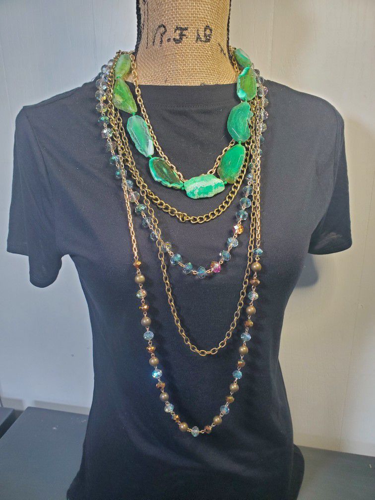 Bohemian Stone Necklace in Green + Turquoise Blue Mix on Gold Chain