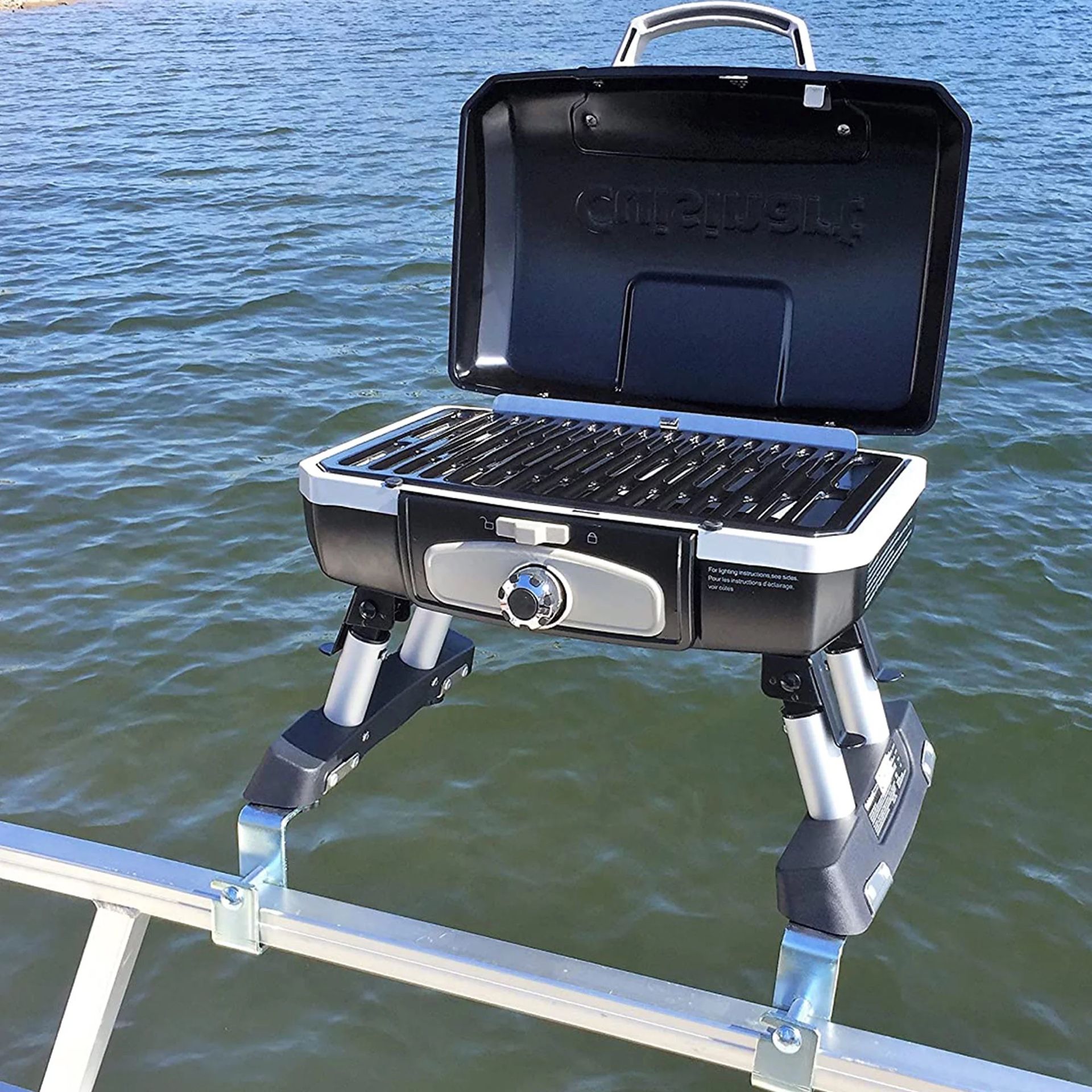 Cuisinart Grill Modified for Pontoon Boat with Arnall's Stainless Grill Bracket Set SILVER