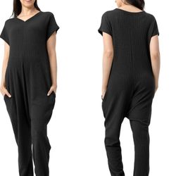 Maternity Jumpsuits Casual Short Sleeve Outfits Side Pockets Pregnancy Nursing Rompers with Zipper