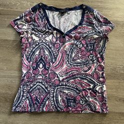 Talbots Petite Womens Size Sp Top Purple Paisley V Neck Cap Sleeve Knit Stretch   