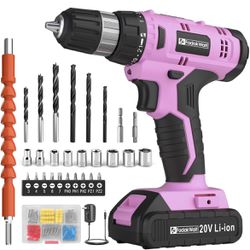Cordless Drill Set, 20V Electric Power Drill with Battery And Charger, Torque 30N, 21+1 Torque Setting, 3/8-Inch Keyless Chuck, Drill Driver Bits Kit,