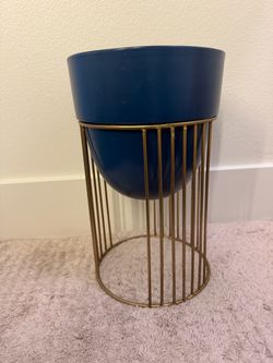 Blue Planter with Gold Wire Stand