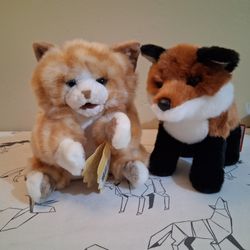 2 Animal Plushies. Orange Tabby Kitten Puppet and Fox Plush