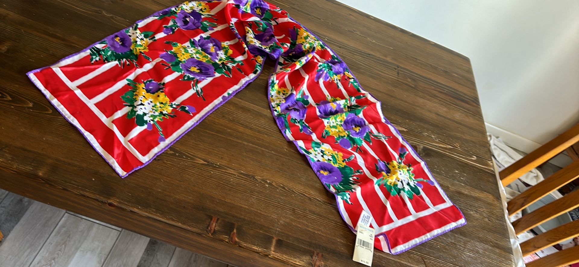 Vintage 10”x48” 100% polyester scarf. Polisil Crepe. Korea. purchased at Mervyns. original tag.