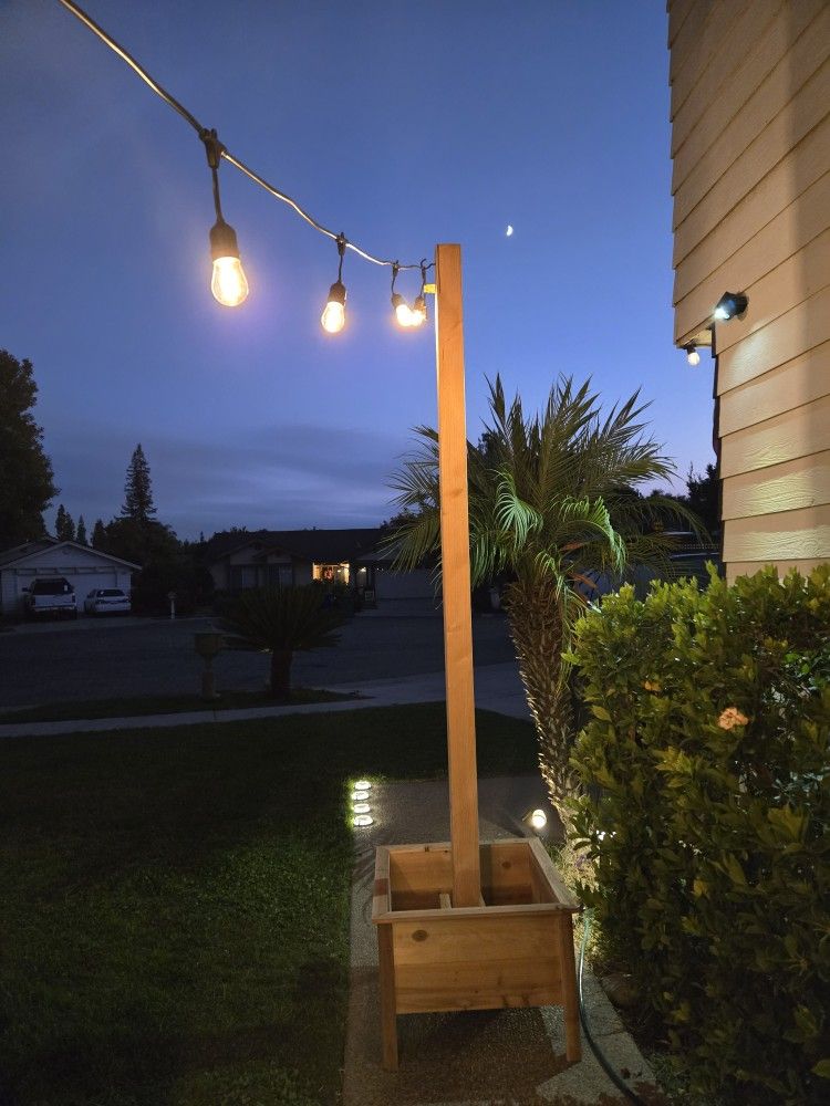 Cedar Planter with String Light Post - Handmade
