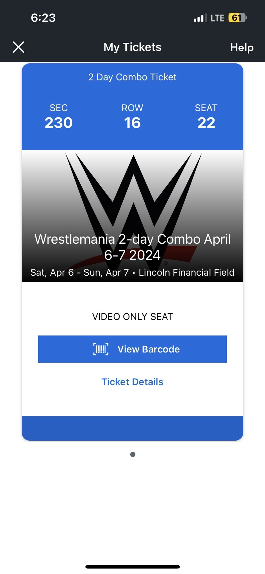 WWE Wrestlemania 40 Ticket