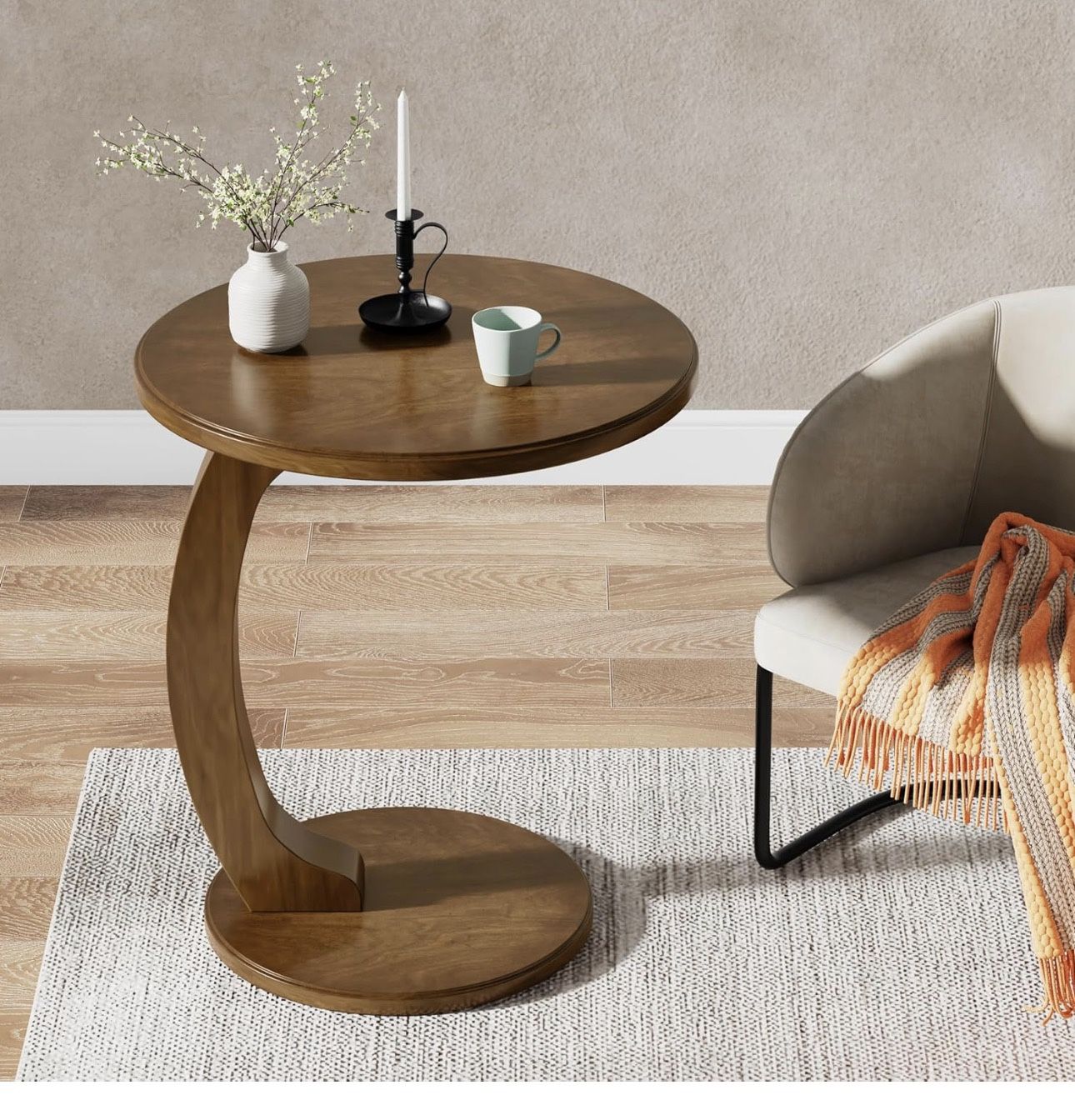 Tribesigns Round End/Side Table, Wooden C-Shaped End Table, Couch Side Table, Mid-Century End Table, Small Side Table, Boho Side Table for Living Room