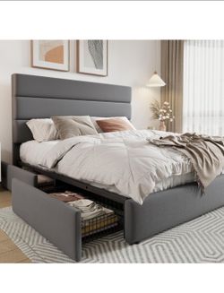 Queen Bed Frame 4 Storage  Drawers , Grey Velvet