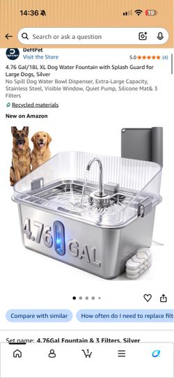 New XL Dog Water Fountain with Splash Guard for Large Dogs, Silver