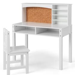 2-Piece Kids Desk and Chair Set Wood Top Study Writing Workstation with Hutch & Bulletin Board White
