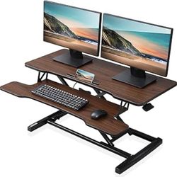 Height Adjustable Standing Desk 36” Wide Sit to Stand Converter Stand Up Desk Tabletop Workstation for Laptops Dual Monitor Riser Brown
