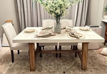 Down East Concrete dining table with 6 neutral chairs
