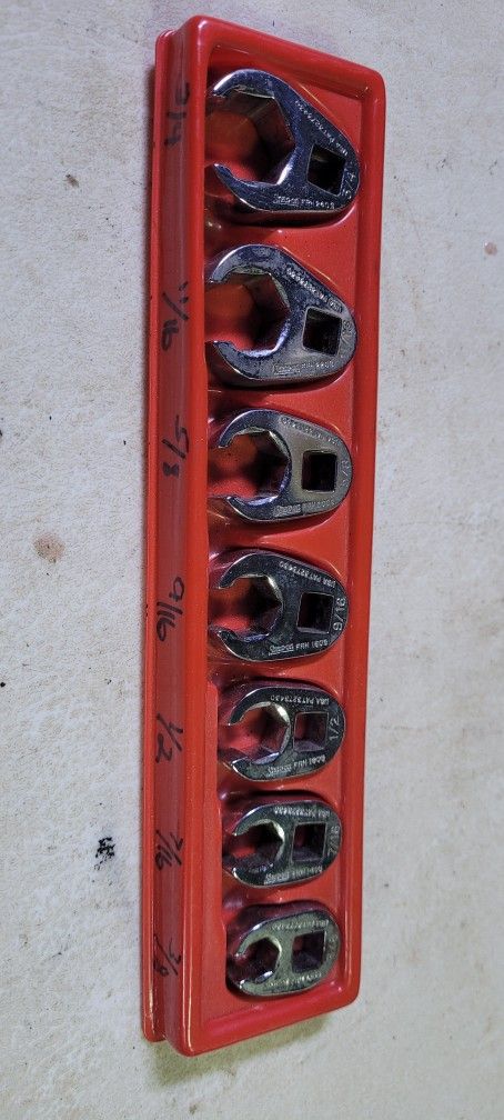 Snap On Tools USA 3/8 Drive 7pc SAE Crowfoot Flare Nut Wrench Set Vintage