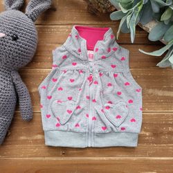 3MOS GRAY FUSCHIA HEARTS FLEECE FRONT ZIP VEST