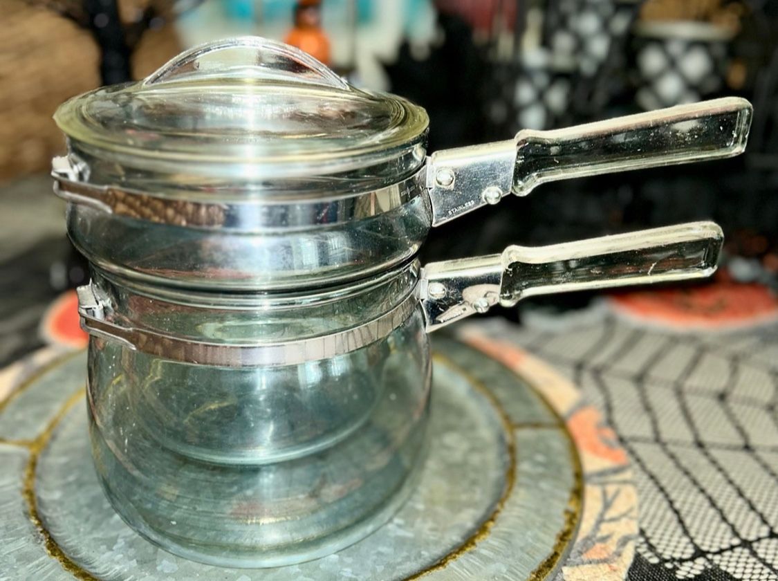Vintage Pyrex Flameware glass Double Boiler Pot Upper And Lower With Lid
