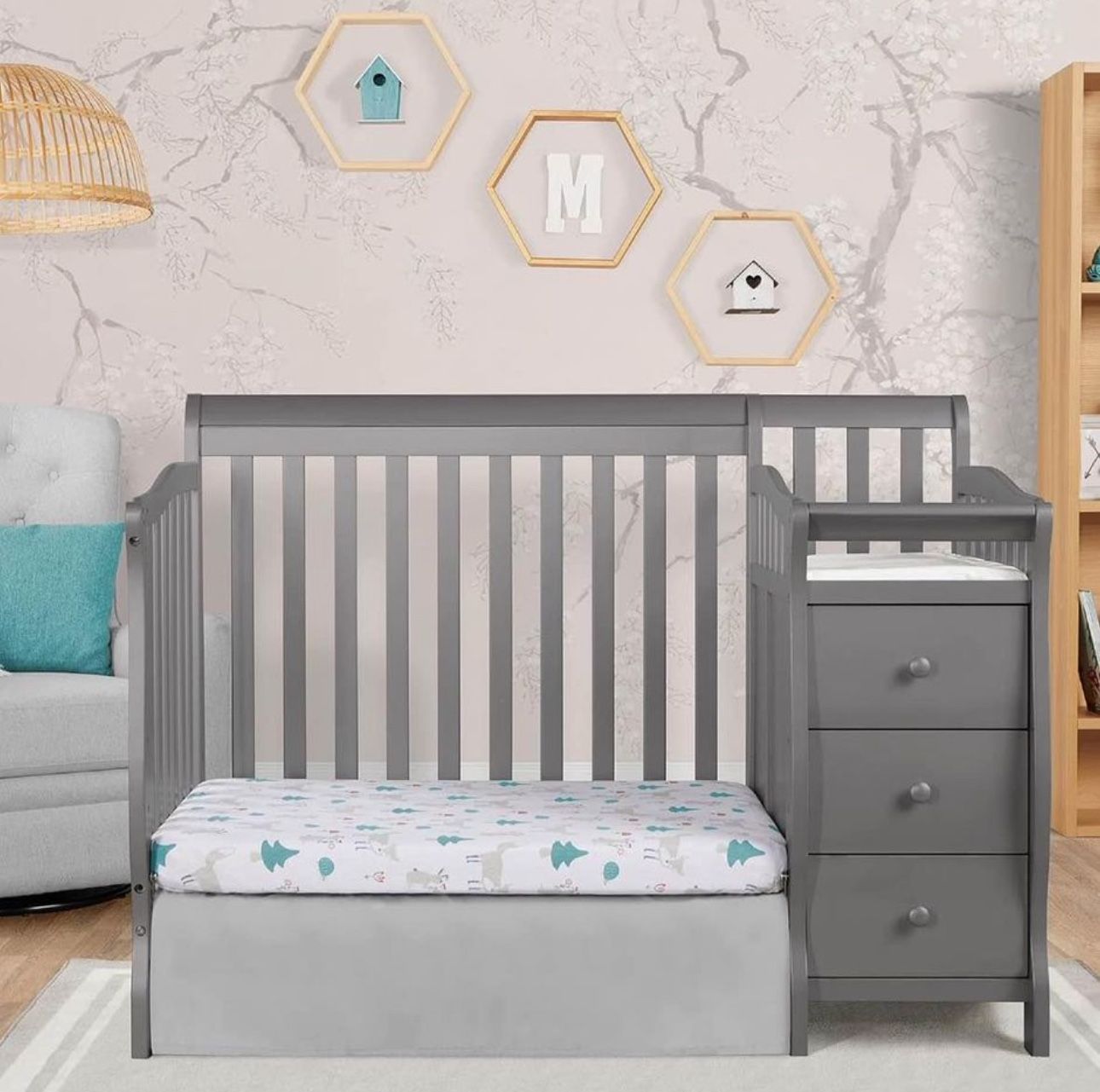 Dream On Me Jayden 4 in 1 Mini Convertible Crib And Changer in Storm Grey, Greenguard Gold Certified