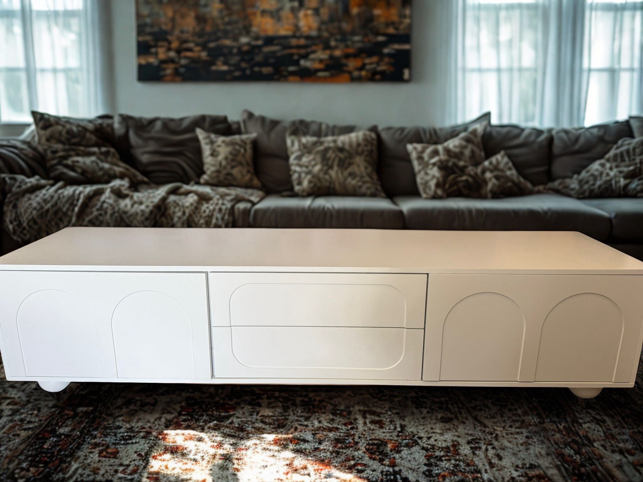 🎊BRAND NEW IN BOX🎊TV Stand with Arched Doors and 2 Drawers for TVs up to 75", Entertainment Center with Rebound Device, TV Console Table Media Cabin