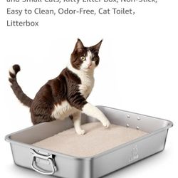 Stainless Steel Litter Box with Handle, Large Metal Cat Litter Box with High Sided for Big and Small Cats, Kitty Litter Box, Non-Stick, Easy to Clean,