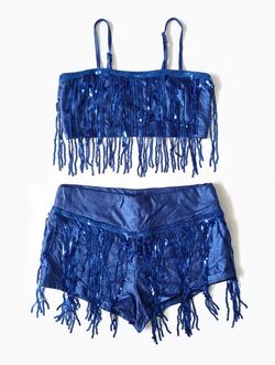 Blue Sequin Fringe Crop Top and Shorts Set