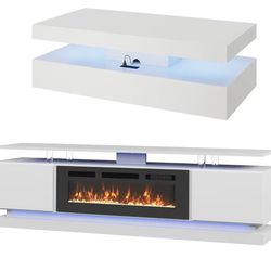 New, Modern Table Set Includes 70" Fireplace TV Stand & 47" Coffee Table with Charging Station and USB Ports(already Assembled 