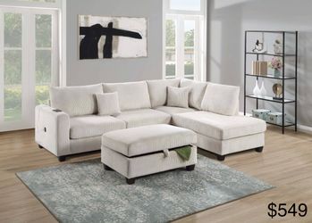 Corduroy sectional sofa with ottoman