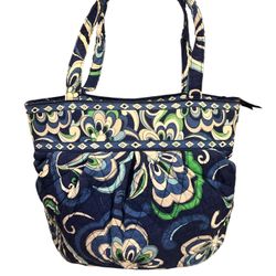 Vera Bradley Purse Shoulder Bag Bucket Pleated Zipper Navy Blue Diamond Flower