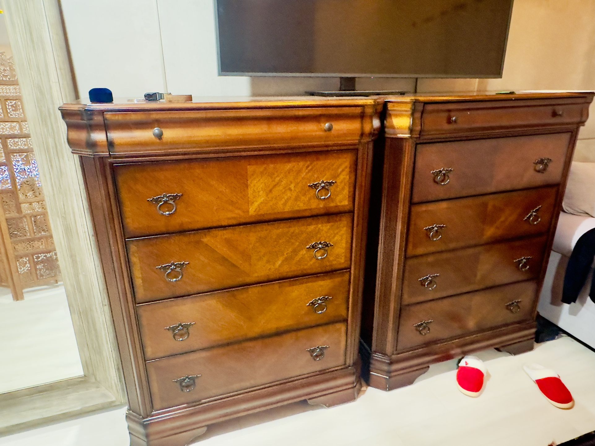 We are moving to a new place that comes with furniture.  Dresser Height 50  Width 40  Depth 19  Nightstands Height 28  Width 28  Depth 17