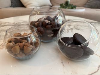 Set of 3 Clear Glass Decorative Bowls with Natural Nuts – Modern Home Décor