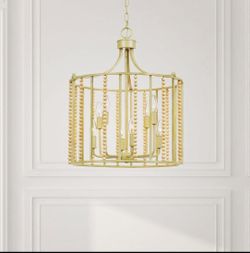 New 19” W 8-Light Chandelier Antique Cream Metal Finish and Natural Wood Beading Adjustable Height