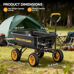 B424 $80  10-in NO-FLAT TIRES 600lb Heavy-Duty Garden Dump Cart 4 Cu.Ft. Utility Wagon with Quick-Release Dumping & Prime Grade 100% Virgin Polypropyl
