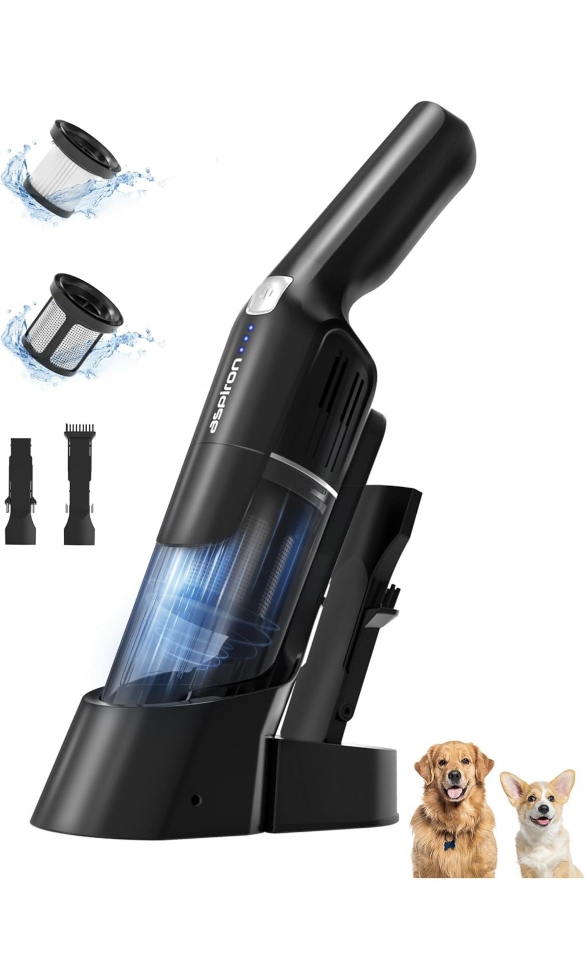 Aspiron Cordless Handheld Vacuum, 15KPA Powerful Car Vacuum, Rechargeable, Charging Dock, Ergonomic Handle, 2-in-1 Crevice Tool