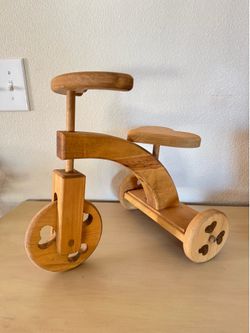 Vintage Handmade Wood Tricycle Sculpture / Plant Stand Heart Wheel Detail and Heart Seat