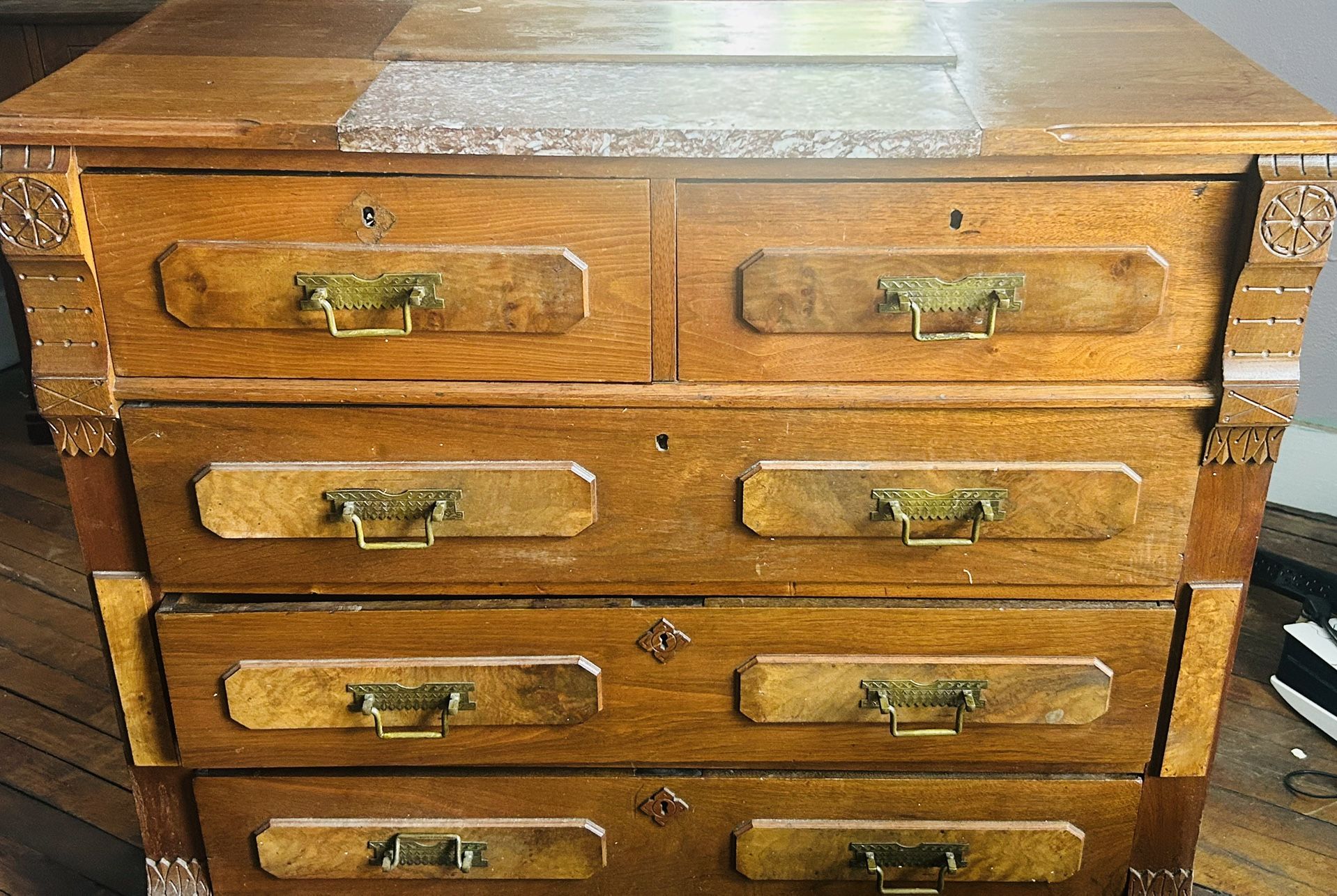 Antique Solid Wood 5 Drawer Dresser Or Side Board Marble Center Piece
