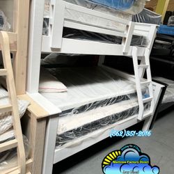 Twin Full White Bunk Bed Litera Con Colchones Nuevos New 