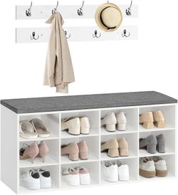 HOOBRO entryway shoe storage bench with cushion and coat rack 