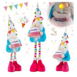 New Large Birthday Gnome Plush Elf Decoration - 26’’-35’’ Standing Happy Birthday Gnome w/Retractable Spring Legs Handmade Rainbow Pennant Hat Hold LE
