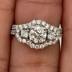 Ladies 3 Three Stone Pave Style Diamond Engagement 18k White Gold Ring & Band