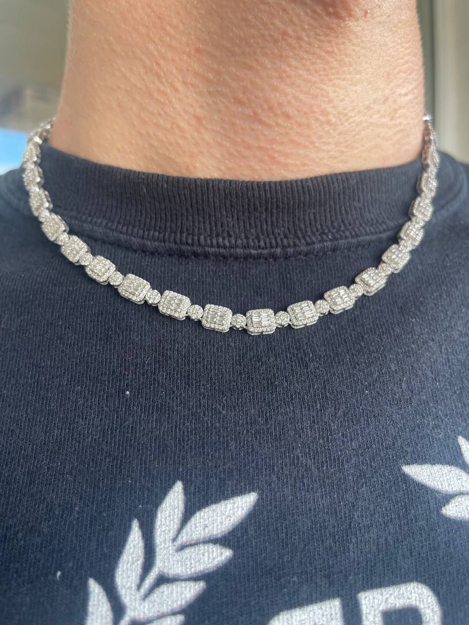 14k solid white gold vvs diamond baguette and round stones natural necklace pave flower set
