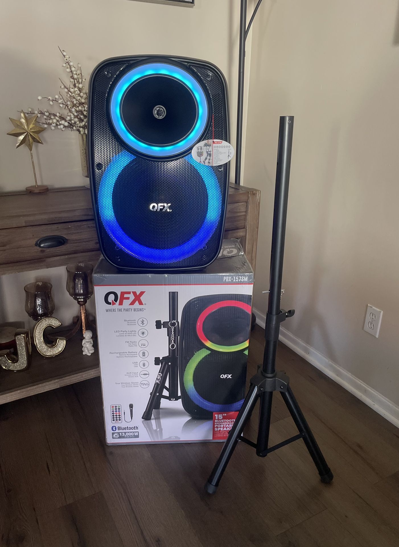 QFX 15β Bluetooth Rechargeable Party Speaker with Microphone , LED Party Lights  & Stand Included ππ€πΆππΆπΆ