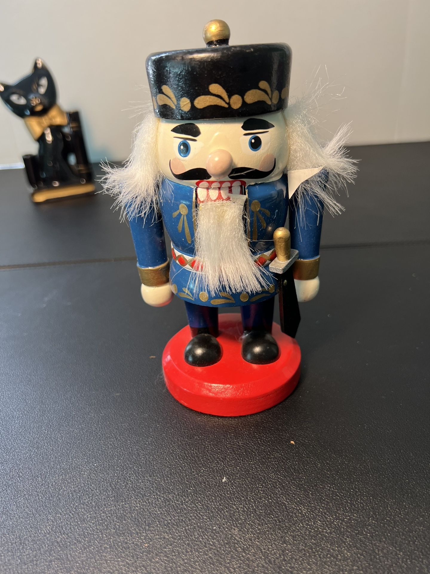 Vintage 1990s Blue Nutcracker Soldier With Sword Wooden Christmas Holiday Mantle