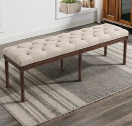 60" Fabric End of Bed Bench, Upholstered Tufted French Bedroom Bench with Carved Dark Brown Legs for Bedroom End of King Size Bed, Living Room, Linen