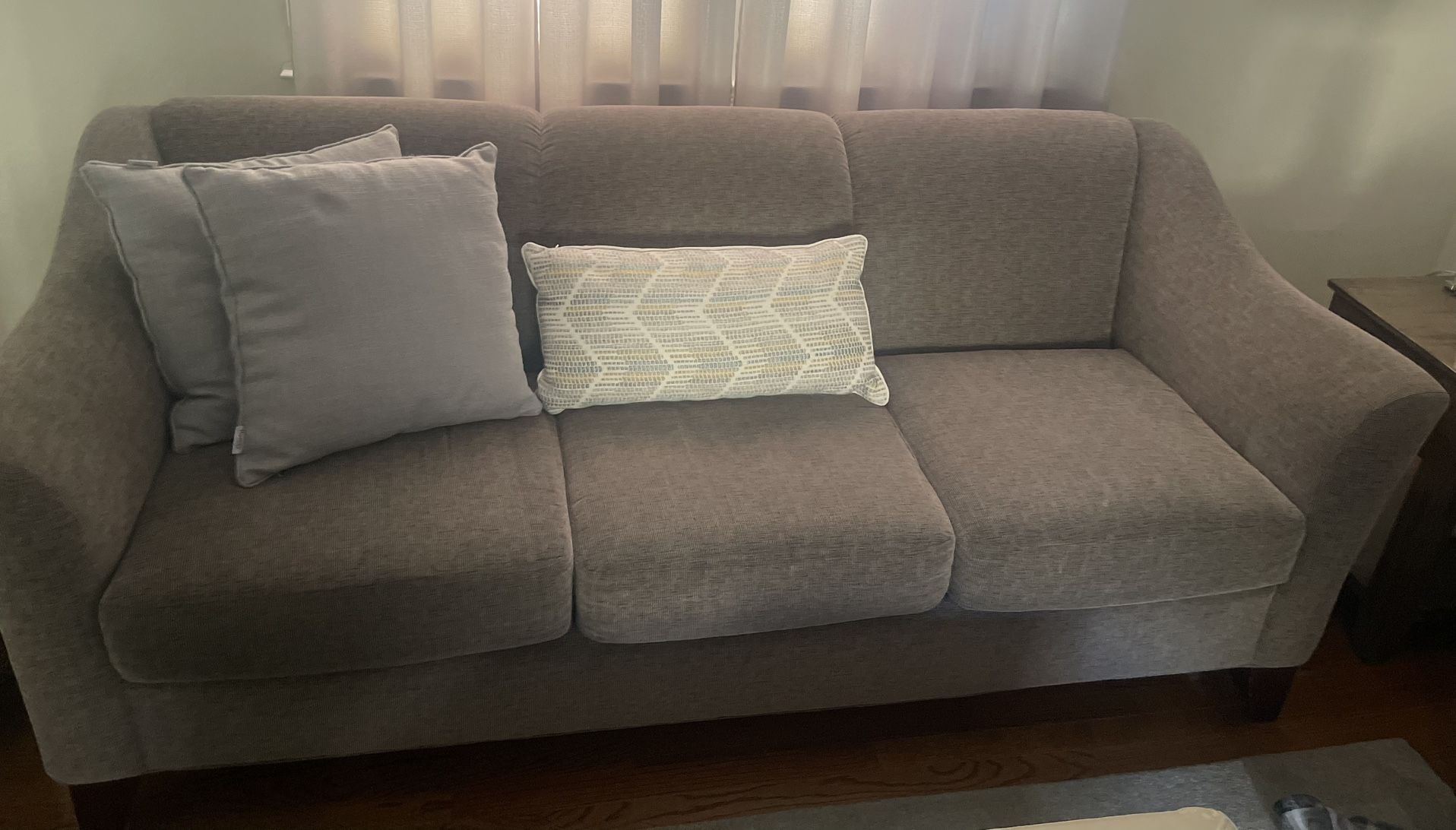 gray couch and loveseat and one recliner chair