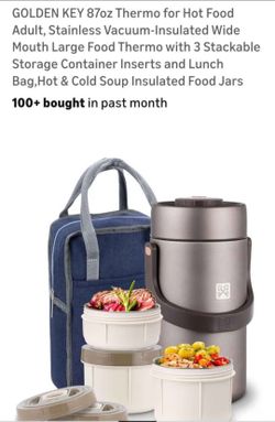 GOLDEN KEY 87oz Thermo for Hot Food
Adult, Stainless Vacuum-Insulated Wide
Mouth Large Food Thermo with 3 Stackable
Storage Container Inserts and Lunc