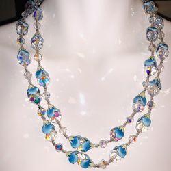 VENDOME VINTAGE 1950’s Multifaceted RHINESTONES Wrapped In Blue enamel As FLOWER w/ Matching Hanging Clip On Earrings HALLMARKED VENDOME on each Jewel