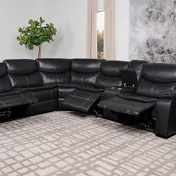 New Sectional Sofa With Three Power Recliners In Dark Grey Leatherette