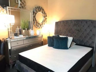 New luxury glam velour grey bed & mirrored dresser