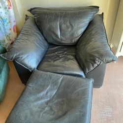 Oversized Black Leather Chair with Matching Ottoman Set